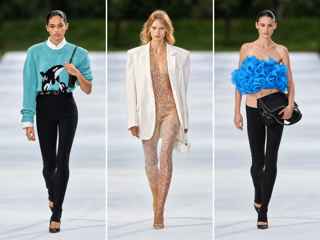 Trois silhouettes du défilé Stella McCartney printemps-été 2027 à la Paris Fashion Week, dont une veste blanche portée sur une combinaison à sequins.