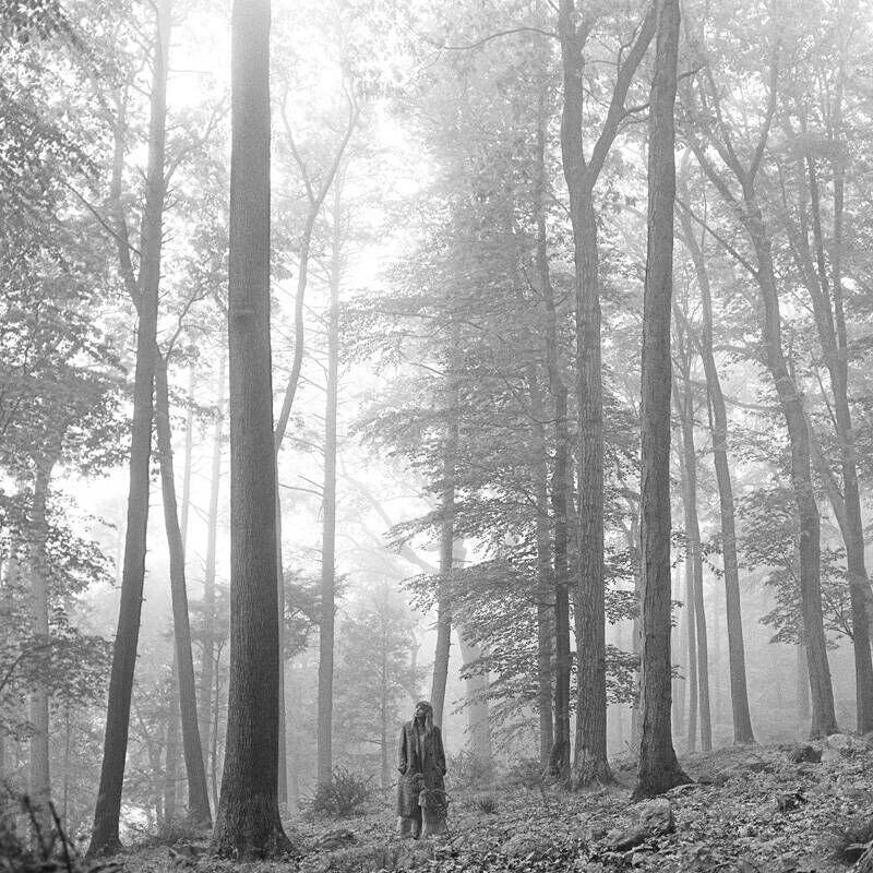 Taylor Swift marche seule dans une forêt brumeuse en noir et blanc, dans l’univers visuel de l’album Folklore.