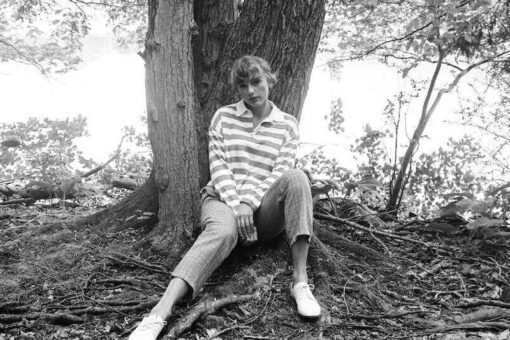 Taylor Swift assise contre un arbre en chemise rayée et pantalon à carreaux pour l’univers de l’album Folklore.
