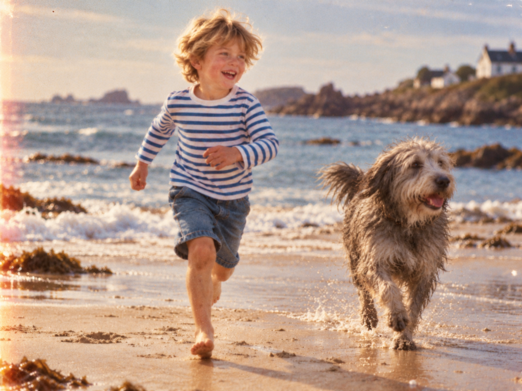 Enfant blond portant un tee-shirt rayé agnès b. bleu et blanc et un bermuda en jean, courant pieds nus sur une plage bretonne avec un chien gris à poil long.