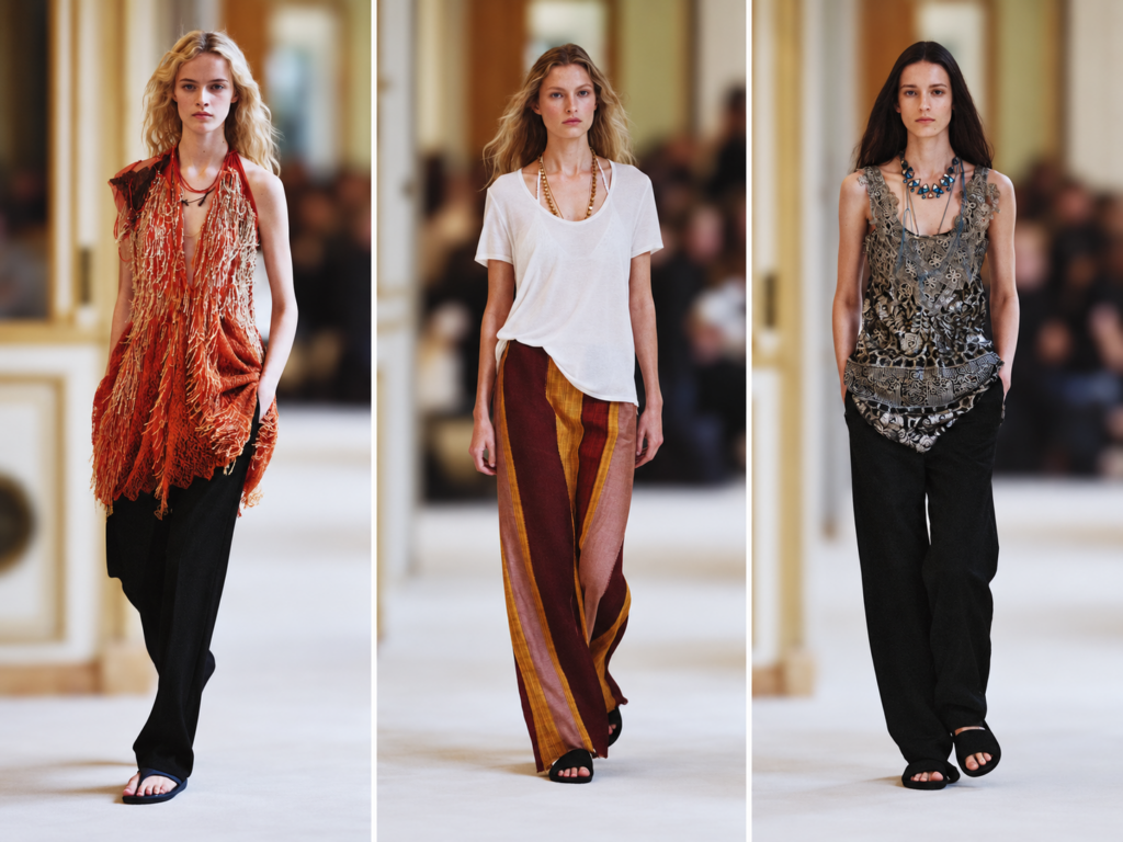 Trois silhouettes du défilé The Row printemps-été 2027 à Paris, avec top orange texturé, pantalon rayé et ensemble noir brodé.