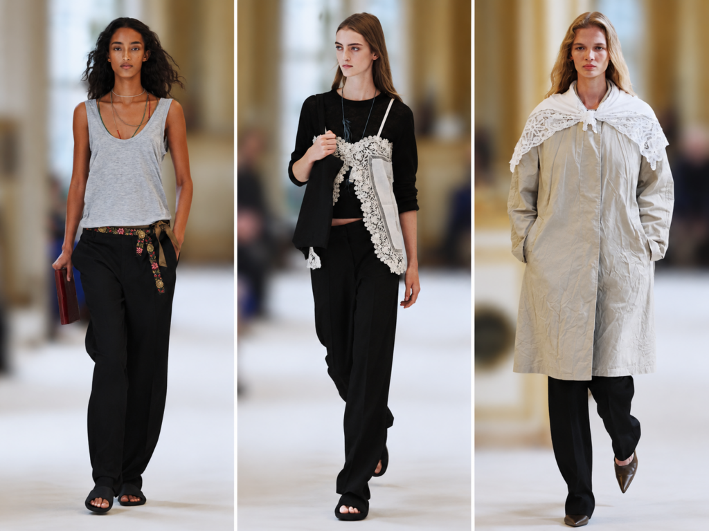 Trois silhouettes du défilé The Row printemps-été 2027 à Paris, avec pantalon noir, dentelle blanche et manteau beige.