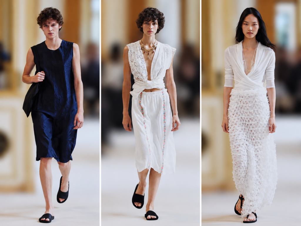 Trois silhouettes du défilé The Row printemps-été 2027 à Paris, entre bleu nuit, dentelle blanche et jupe texturée.