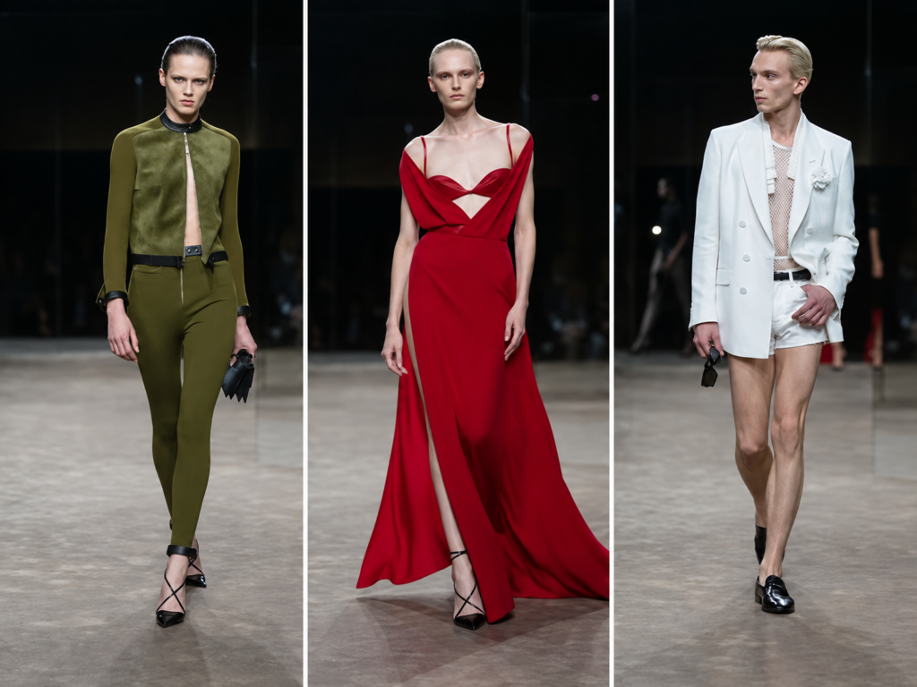 Trois silhouettes du défilé Tom Ford printemps-été 2027 à la Paris Fashion Week, en vert olive, rouge et blanc.