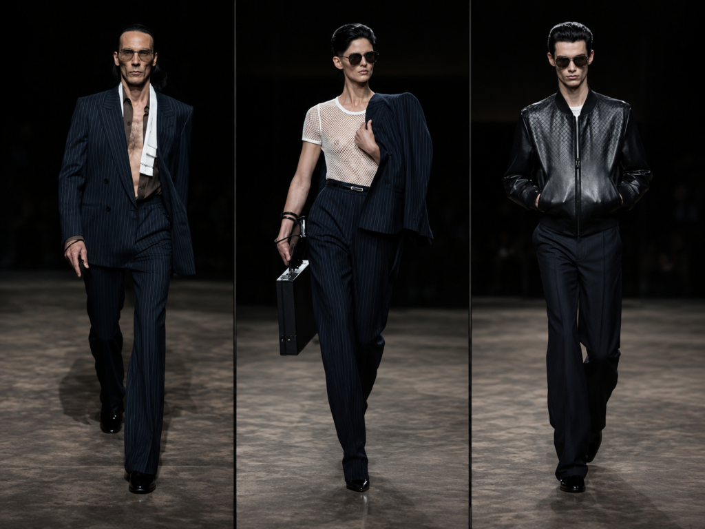 Trois silhouettes du défilé Tom Ford à la Paris Fashion Week, présentées en triptyque sur un podium sombre.