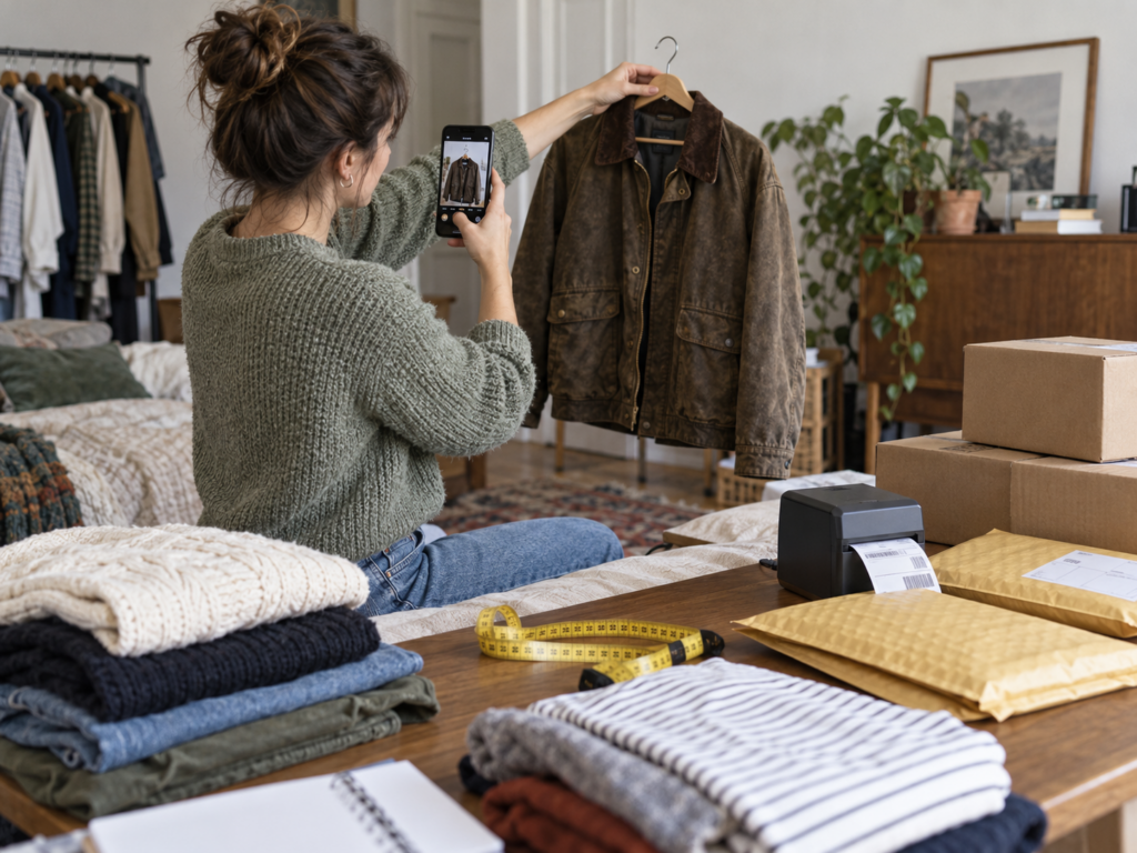 Une femme photographie une veste marron avec son smartphone, entourée de vêtements pliés et de colis d'expédition.