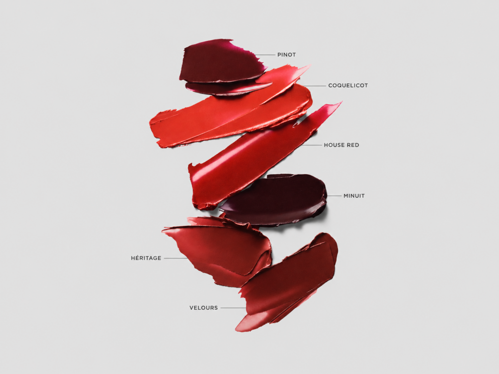 Nuancier Rouge Victoria de Victoria Beckham Beauty présentant six teintes de rouge à lèvres : Pinot, Coquelicot, House Red, Minuit, Héritage et Velours.