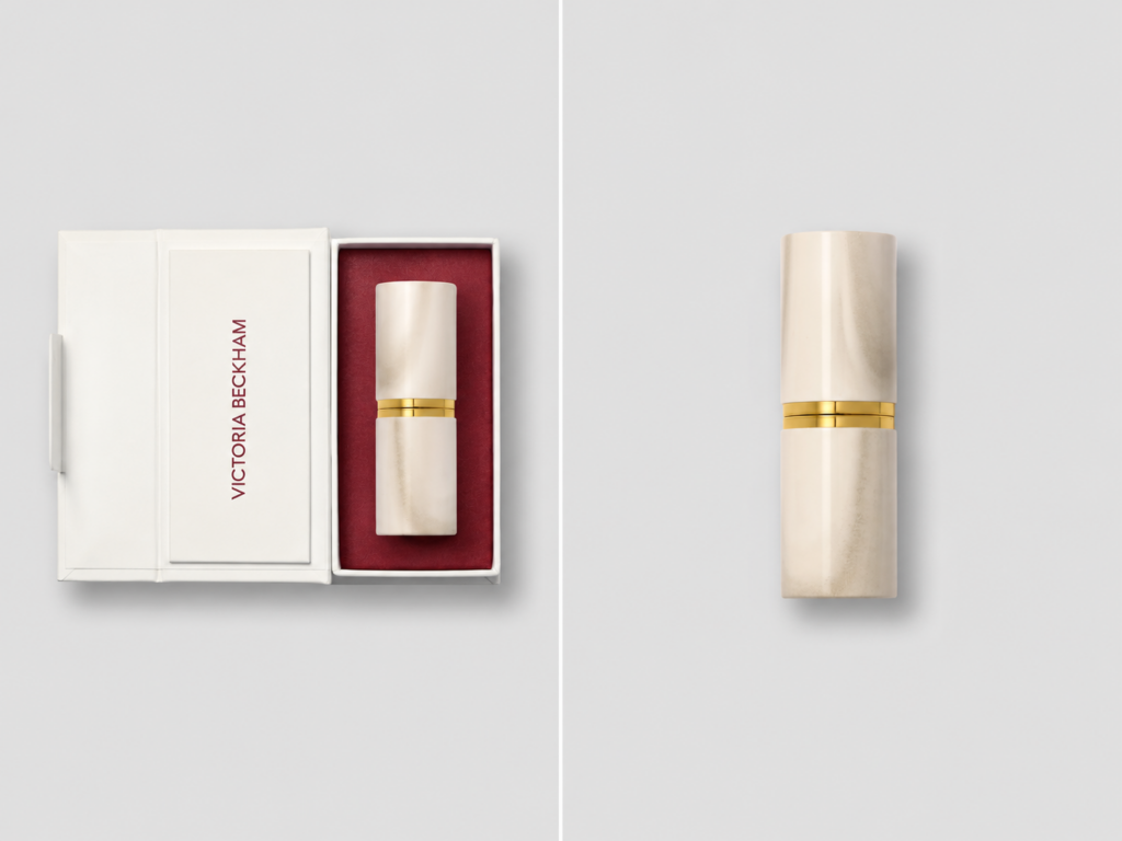 Rouge Victoria de Victoria Beckham Beauty, rouge à lèvres dans son écrin blanc et bordeaux, avec étui effet nacre et bague dorée.