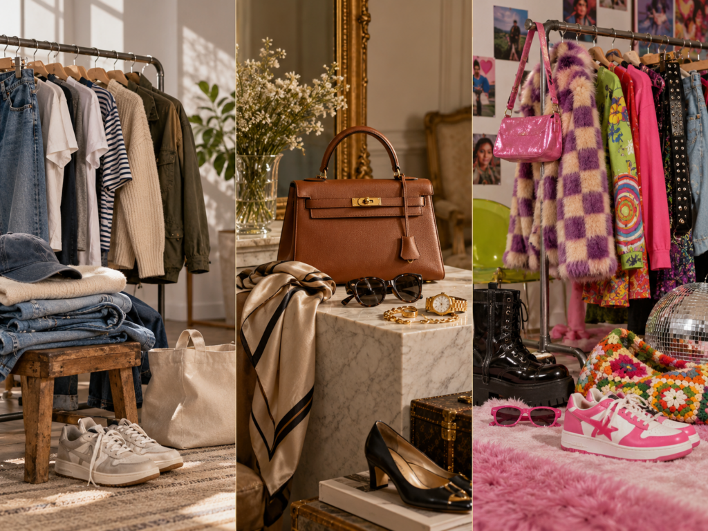 Triptyque de mode d'occasion réunissant vêtements courants, sac en cuir de luxe et pièces vintage colorées de style Y2K.